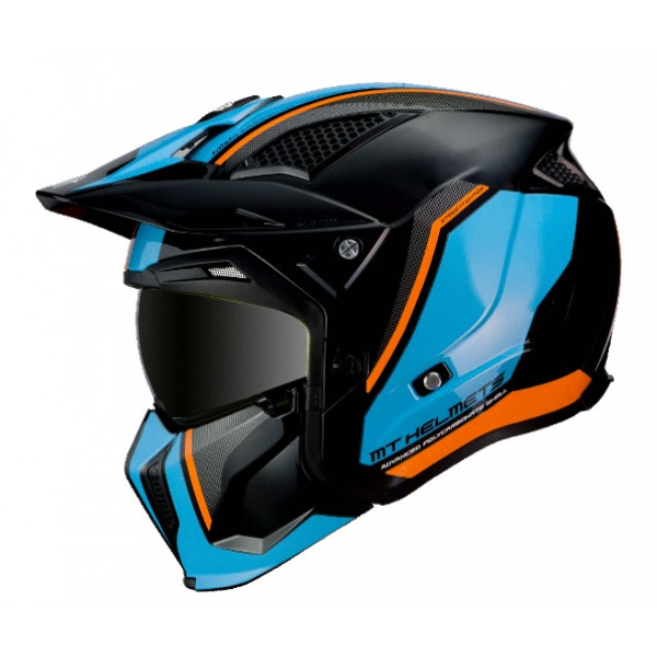 Casca MT Streetfighter SV Twin A4 negru/albastru/portocaliu fluor lucios (ochelari soare integrati) - masca (protectie) barbie si cozoroc detasabile [1]
