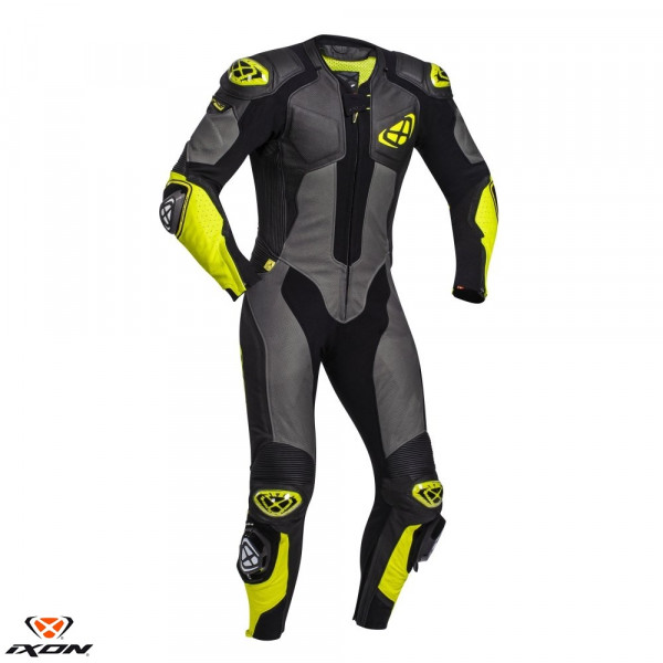 Costum (combinezon) motociclete barbati piele Ixon vara model Vendetta Evo MS culoare: negru/antracit/galben [1]