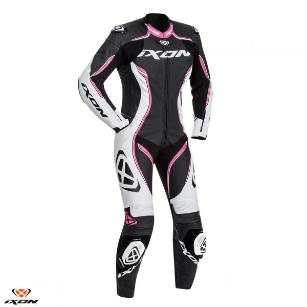 Costum (combinezon) motociclete femei piele Ixon vara model Vortex Lady LS culoare: negru/alb/fucshsia (roz) [1]