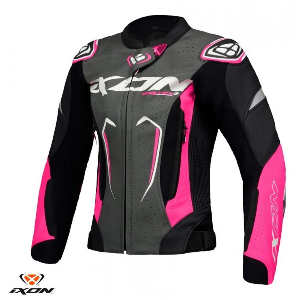 Geaca (jacheta) motociclete femei piele Racing Ixon vara model Vortex 3 LS culoare: negru/roz/alb [1]
