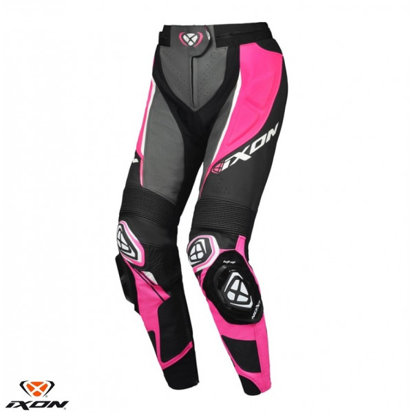Pantaloni motociclete femei piele Racing Ixon vara model Vortex 3 LS culoare: negru/roz/alb [1]